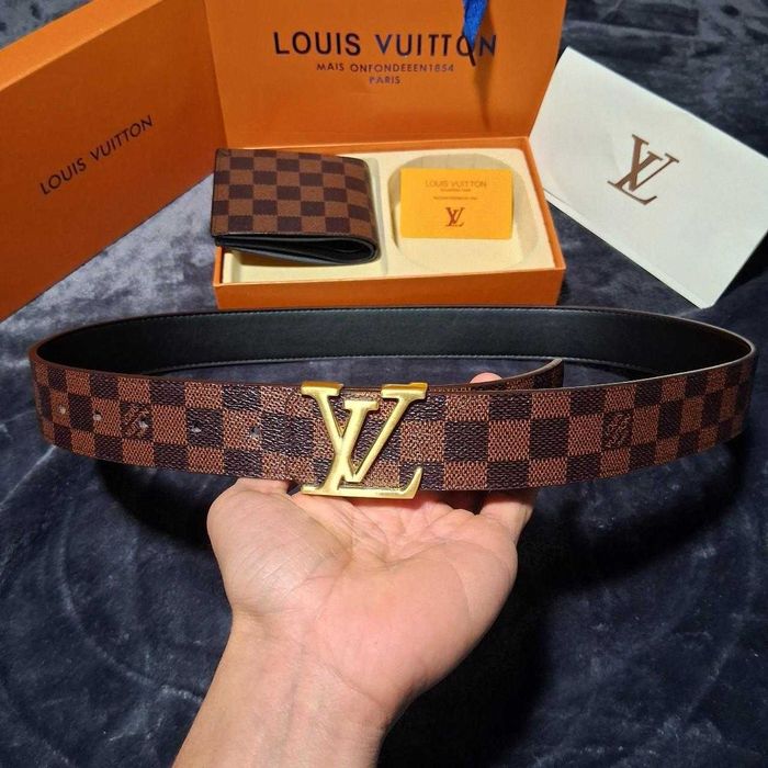 SET Curea & Portofel Louis Vuitton LV din Piele Texturată Maro