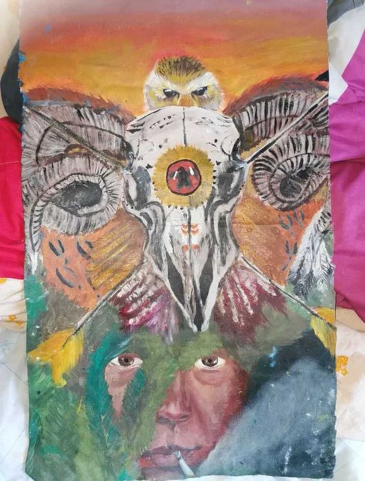 Tablou, pictura originala ulei pe pânză, cal și casă în flăcări