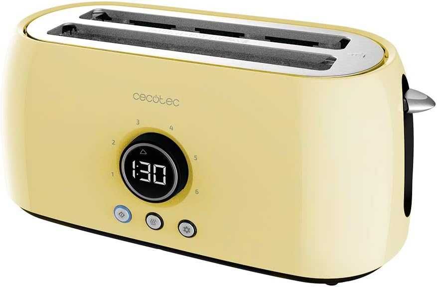 Тостер Cecotec ClassicToast Digital 15000 Yellow Extra Double, 1500 W, Капацитет за 4 филийки хляб, 2 екстра широки дълги отделения, LED светлина
