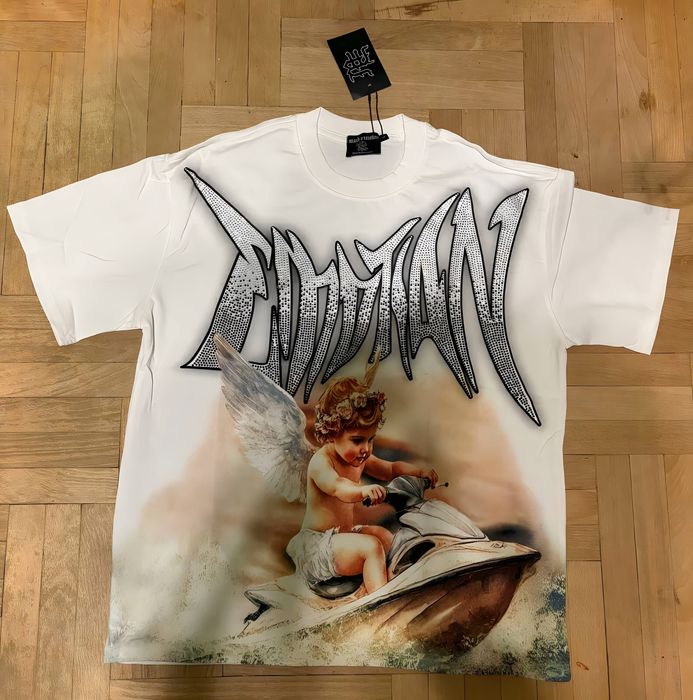 Mixed Emotion Angel Rhinestone T-Shirt – White – L