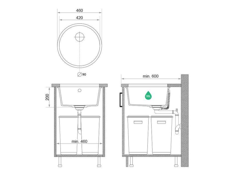Сива кръгла кухненска мивка за вграждане под плот Валета 50 460x460 мм