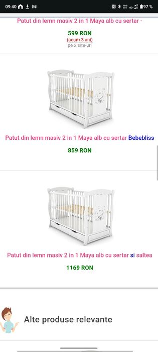 Patut din lemn masiv 2 in 1 Maya alb cu sertar Bebebliss