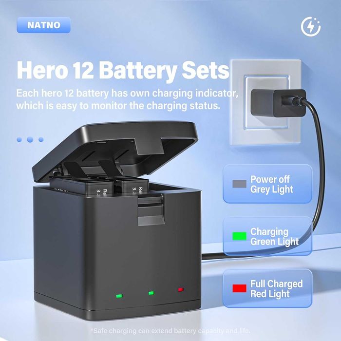 Зарядно за батерии NATNO и2 броя 1800mAh акумулаторни батерии за GoPro