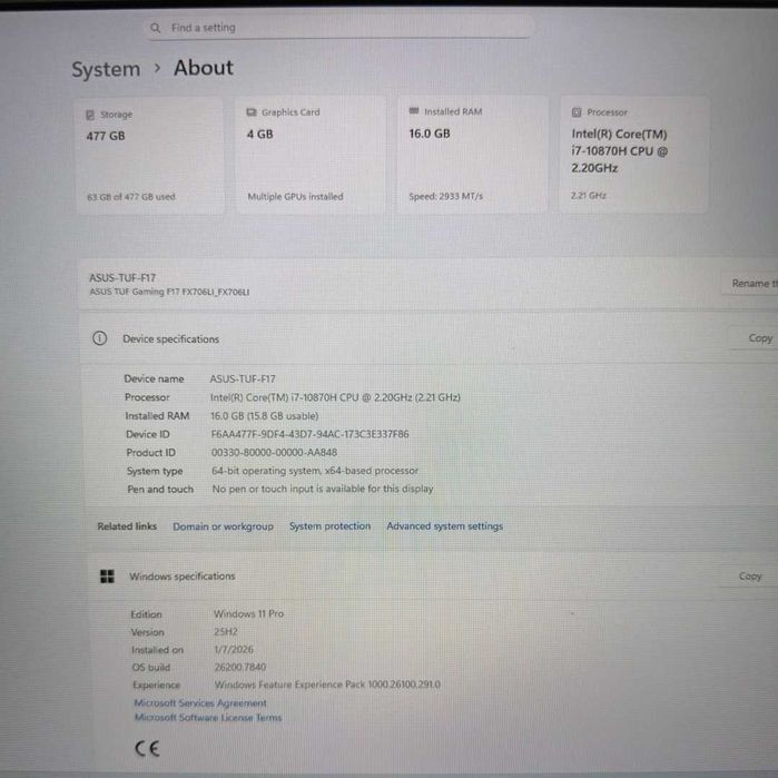 ASUS TUF Gaming F17 i7-10870H GTX 1650 Ti SSD 512GB RAM 16GB | TrueGSM