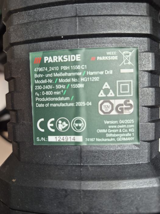 Перфоратор Parkside PBH 1550 C1