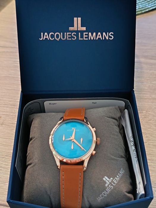 Ceas Jacques Lemans cronograf, cadran turcoaz, curea piele – purtat putin, doar la ocazii, cu cutie