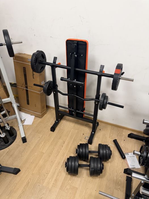Pachet sala acasa, banca piept reglabila plianta+Gantere reglabile cu bara haltera si Bara Z, greutate totala fara Banca 50 kg. Pret promo  900 lei