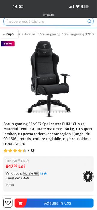 Scaun gaming SENSE7 Spellcaster FUKU XL size, Material Textil - 160kg