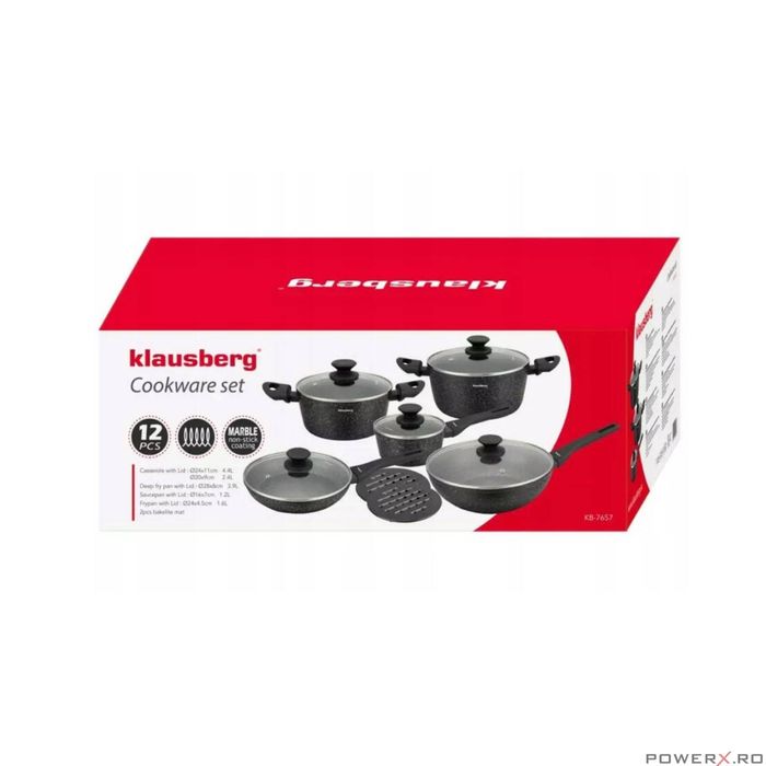 Set 12 piese, oala cu capac 4.4l, 2.4l, 1.2l, tigaie 28cm, 24cm,