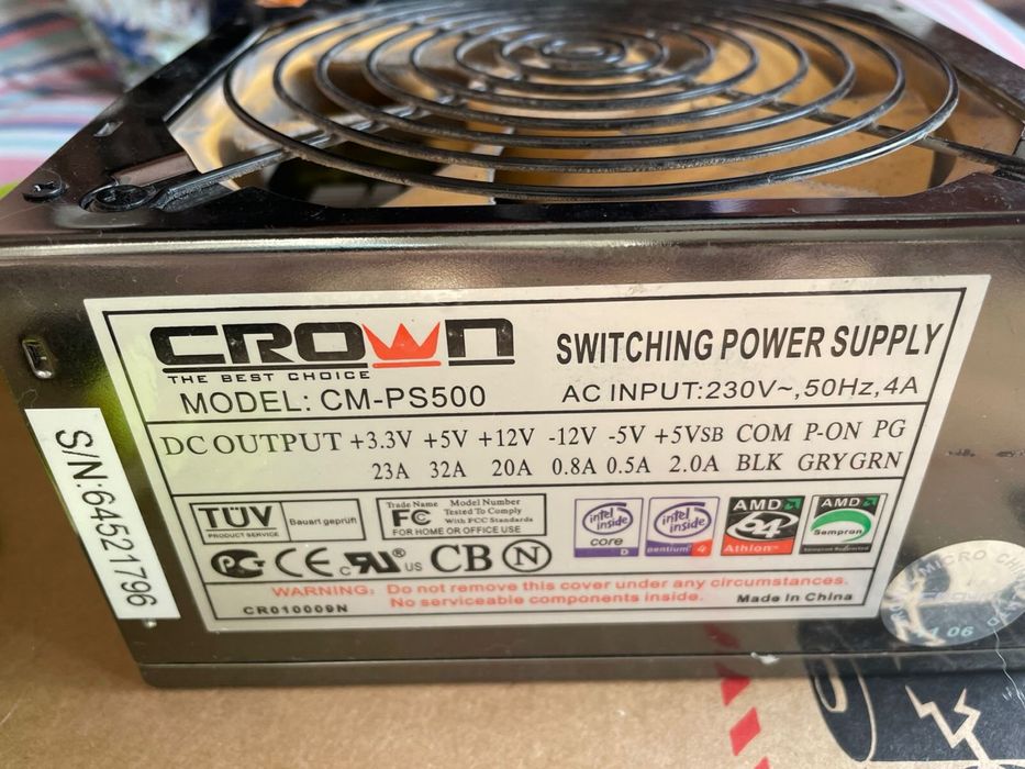 Блок питания для ПК CROWN 500W (ATX)