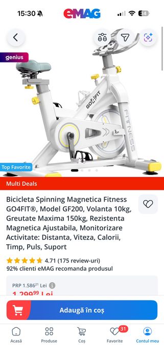 Bicicleta Spinning Magnetica Fitness GO4FIT®, Model GF200,Volanta 10kg