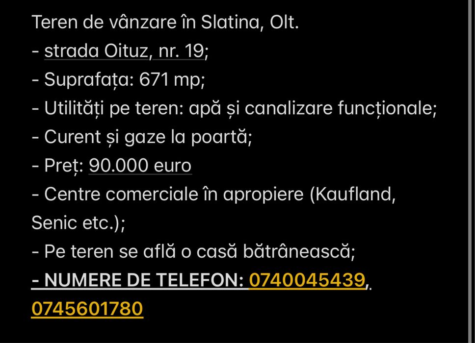 Teren de vanzare Slatina, Olt