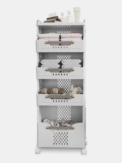 Пластиковая корзина для белья на колесах, 4-х уровневая мобильная