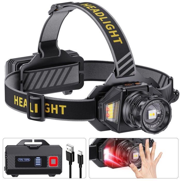 Lanterna frontală LED 120.000 Lux – 12 moduri – IPX7 – Senzor mișcare – USB-C