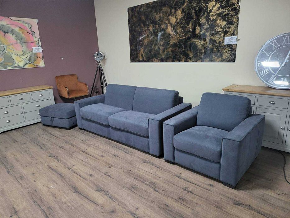 Сив комплект от плат диван тройка с функция сън, фотьойл и табуретка