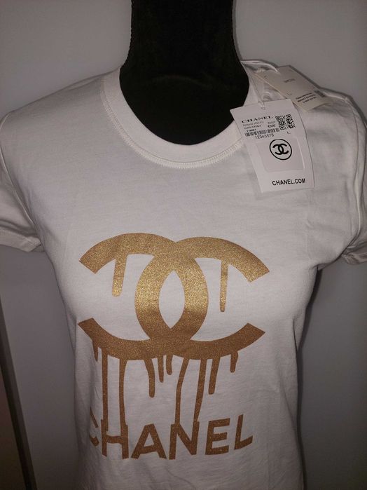 Tricou alb Chanel marime L, cu imprimeu auriu, nou cu eticheta