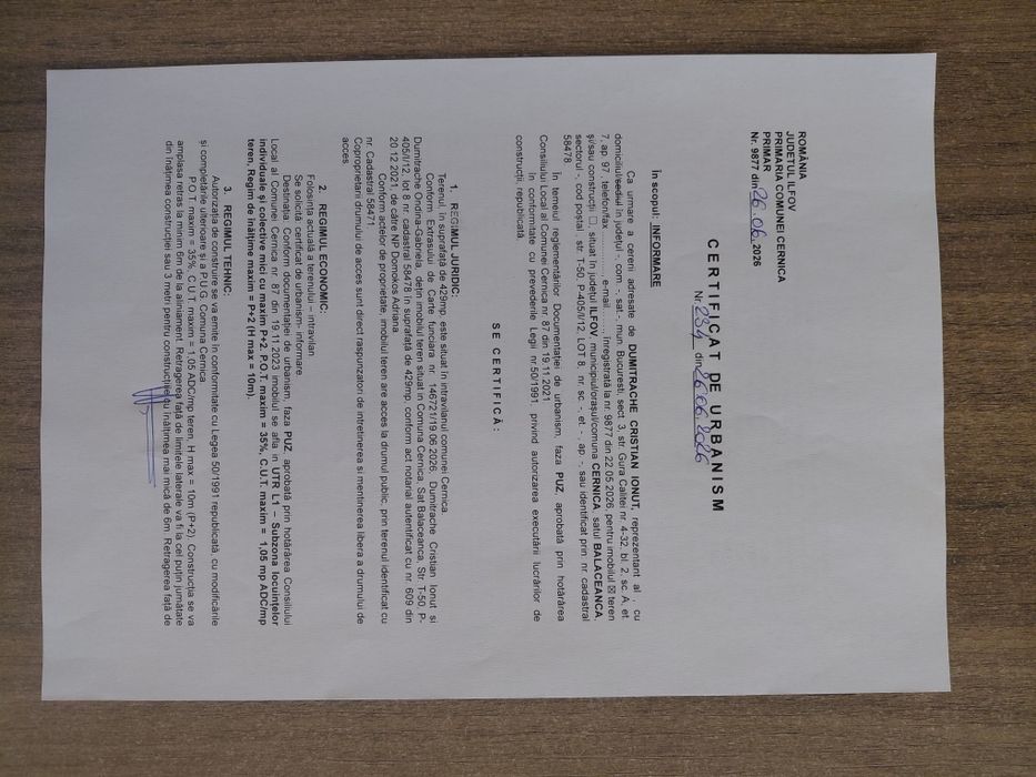 Vand teren intravilan Balaceanca  /  Com. Cernica  429mp negociabil