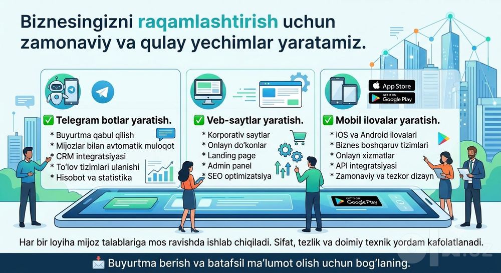 Telegram Bot yaratish xizmati sayt, mobile ilova va botlar yaratish