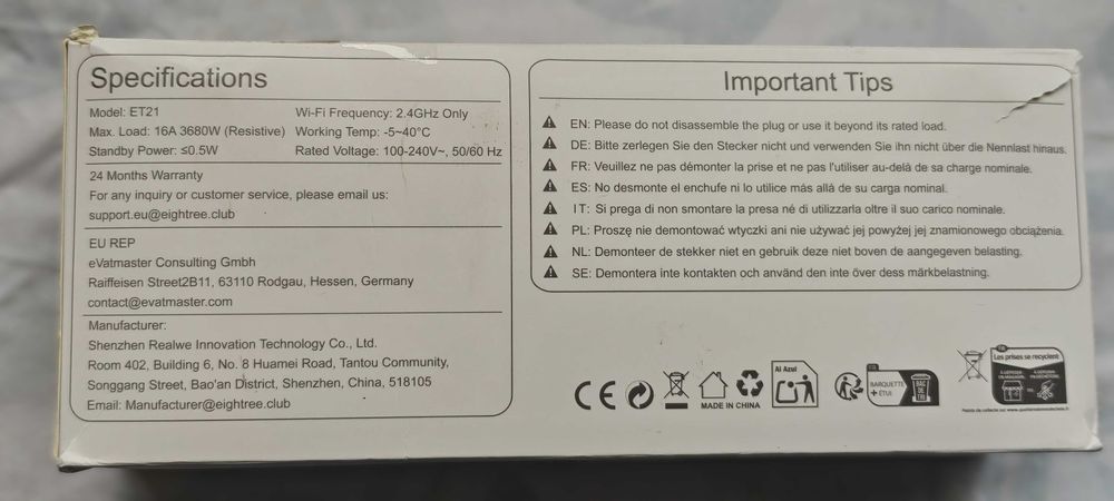 EIGHTREE Умен WiFi Щепсел с Мерител на Мощността 16A  - Алекса