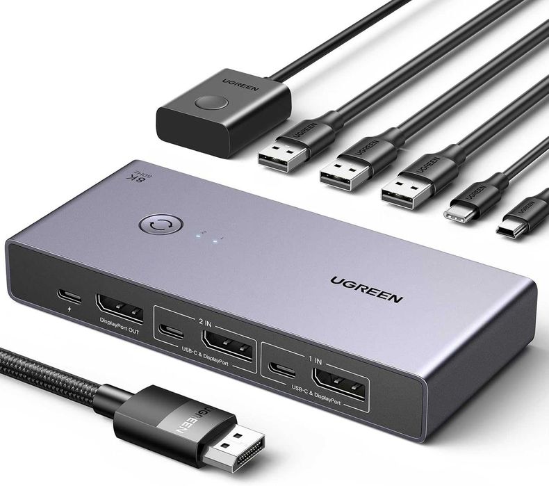 Switch KVM DisplayPort 8K UGREEN, 2 PC la 1 Monitor, 4 Porturi USB 3.0, DP 1.4