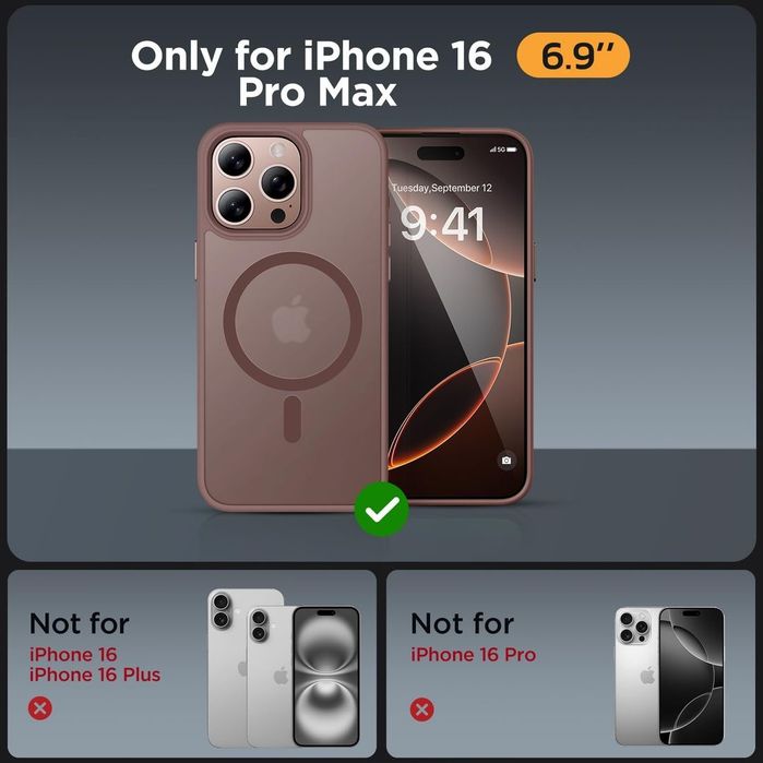 Husă magnetică iPhone 16 Pro Max MagSafe rezistentă la șocuri anti-amprente catifelată cu 2 protecții de ecran – Champagne 6,9"