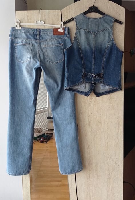 Сет от дамско елече и панталон от памучен деним, с подарък  шал