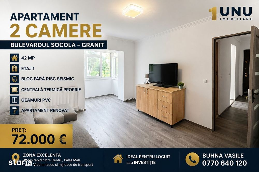 Bld socola-2 camere renovat-etaj 1-centrala proprie - fara risc seisic