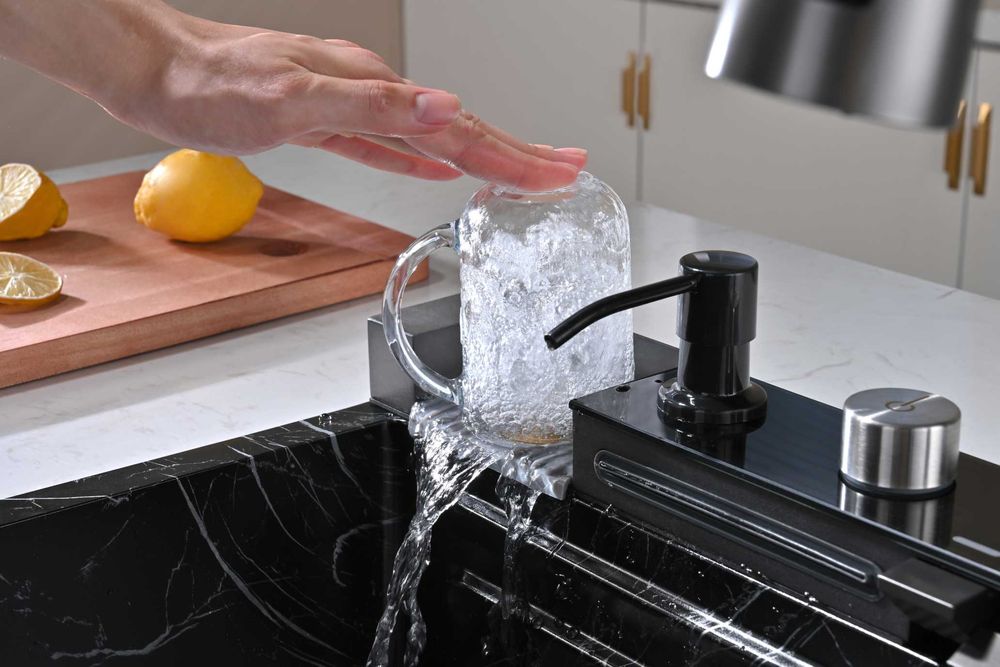 Черен мрамор - Мултифункционална кухненска мивка с двоен водопад