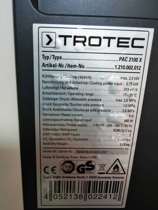 Aer condiționat portabil Trotec PAC 2100 X – nou, doar probat, 7000 BTU