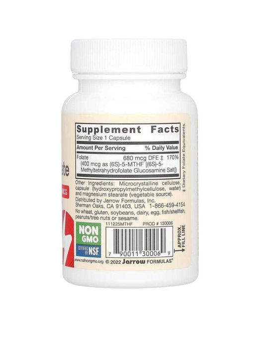 Jarrow Formulas, веганский метилфолат, 400 мкг, 60 растительных капсул
