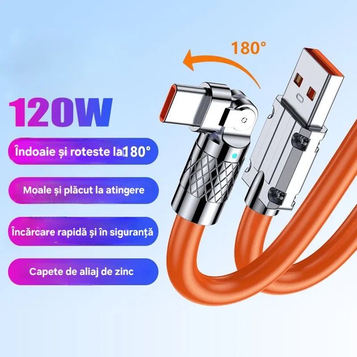 Cablu 120w 7A. Rabatabil 180°. Imposibil de rupt. Încărcare+Transfer