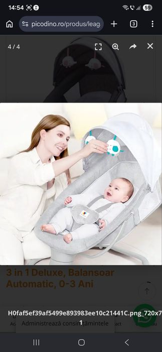 Leagan Electric Multifunctional pentru Bebe Mastela, Gri cu Roz, 3 in 1 Deluxe, Balansoar Automatic, 0-3 Ani