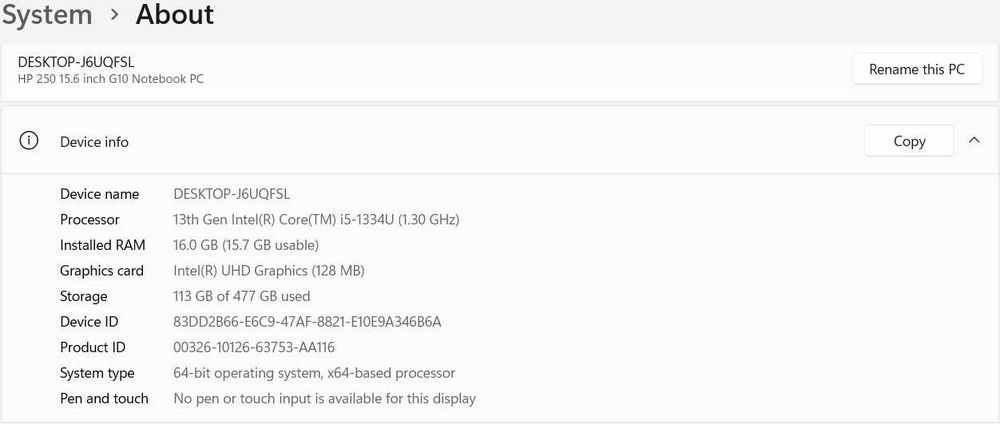 Laptop HP 250 G10 cu procesor Intel i5 1334U - 4.6 GHz, 15.6" Full HD, 16GB RAM, 512GB SSD