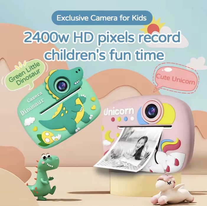 Детски фотоапарат с принтер динозавър , еднорог/Children camera print