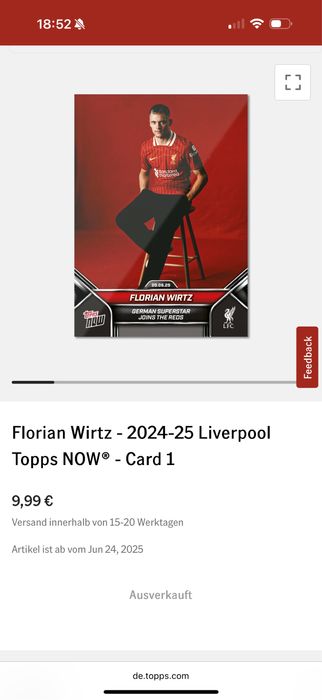 Cartonas Topps Now Florian Wirtz Liverpool