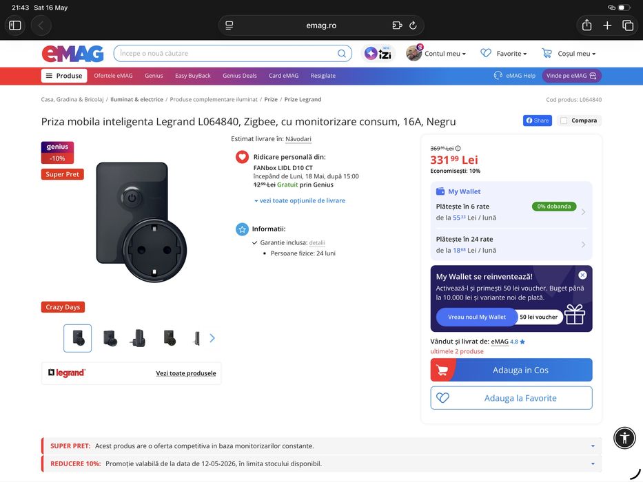 Priza mobila inteligenta Legrand L064840 Zigbee cu monitorizare consum