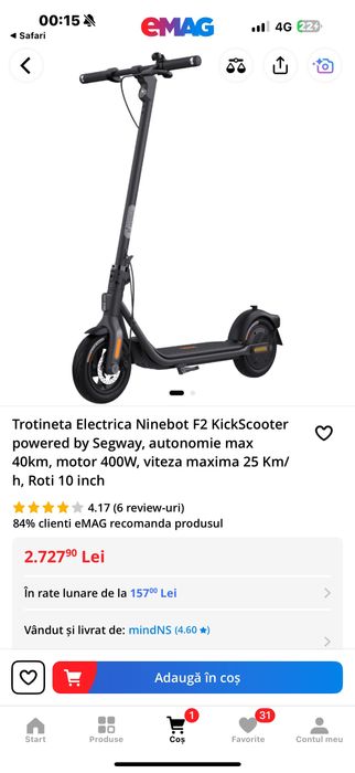 Trotinetă electrică ninebot KickScooter F2, 10 inch