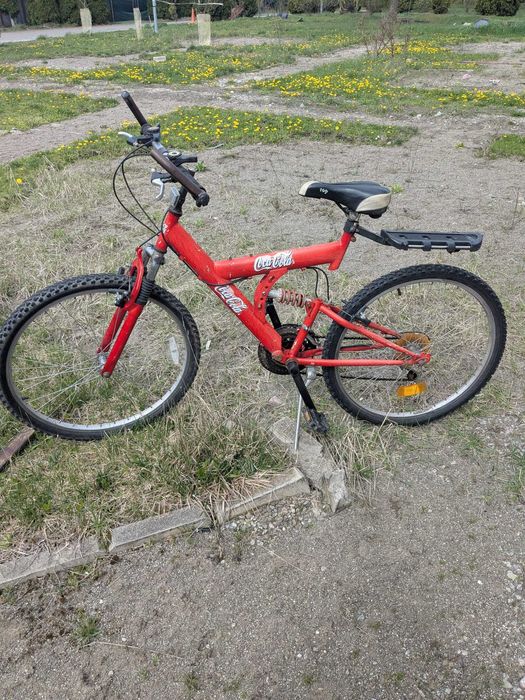 Bicicleta rosie coca-cola, roti 26, suspensie fata-spate, shimano