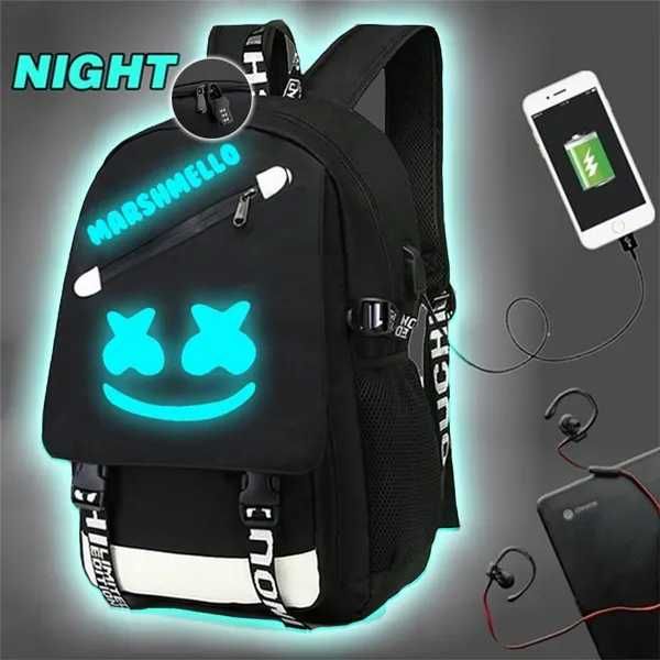 Светеща ученическа раница Marshmello с USB и AUX преходници