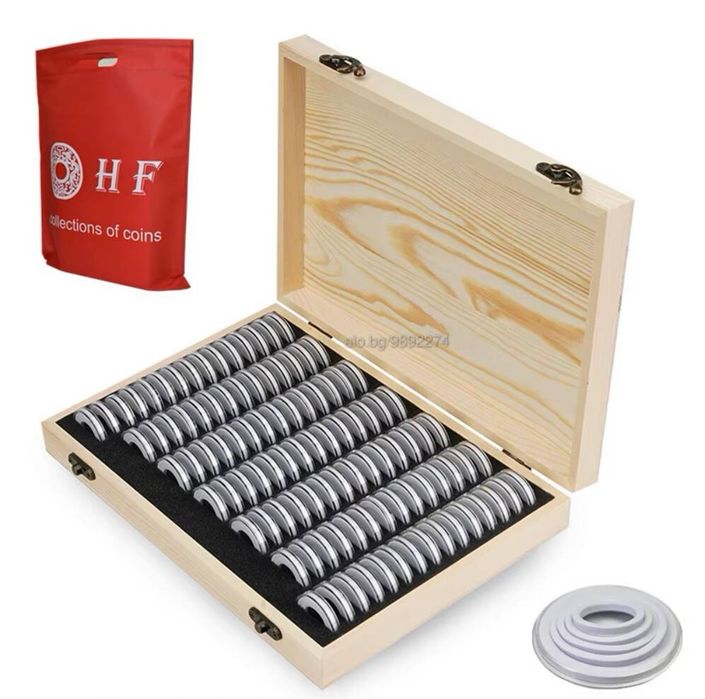 Дървена кутия за 100 и 50  монети + капсули + уплътнители за съхранени