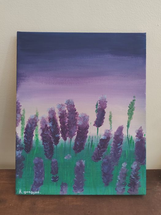 Оригинална акрилна картина – Лавандулово поле при залез (24×30 см)