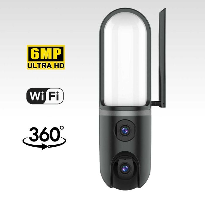 Camera Supraveghere WiFi cu Lampa de iluminat LED Rezolutie 6MP, Dual Lens, Night Vision Color, Detectie Miscare , Exterior, Control din Telefon