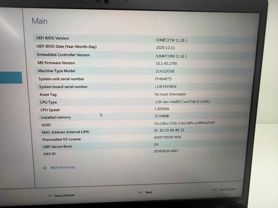 Laptop SH Lenovo Thinkpad T14 gen3 i5-1245U Ram 32Gb Ssd 512Gb baterie noua