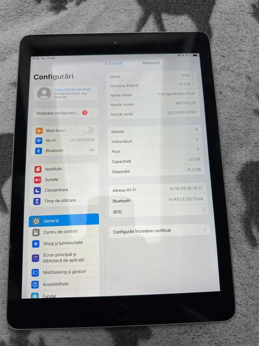 Ipad 6 Tableta Gen 6 2018 32 GB 91% Ecran Multi-Touch 9,7 inchi