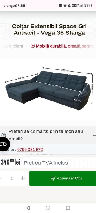 Colțar extensibil living gri antracit