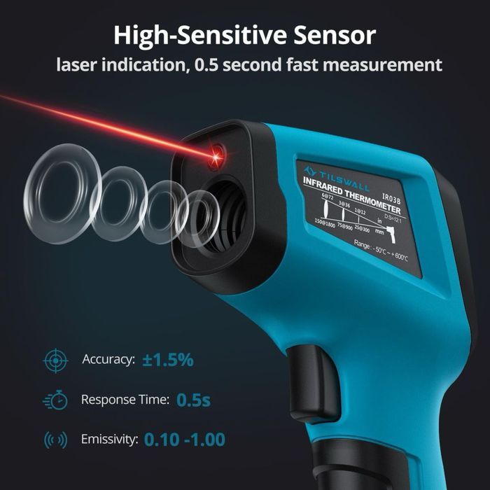 Termometru infraroșu Tilswall IR03B – Laser, -50°C…600°C, LCD, non‑contact (grătar/bucătărie/industrie)