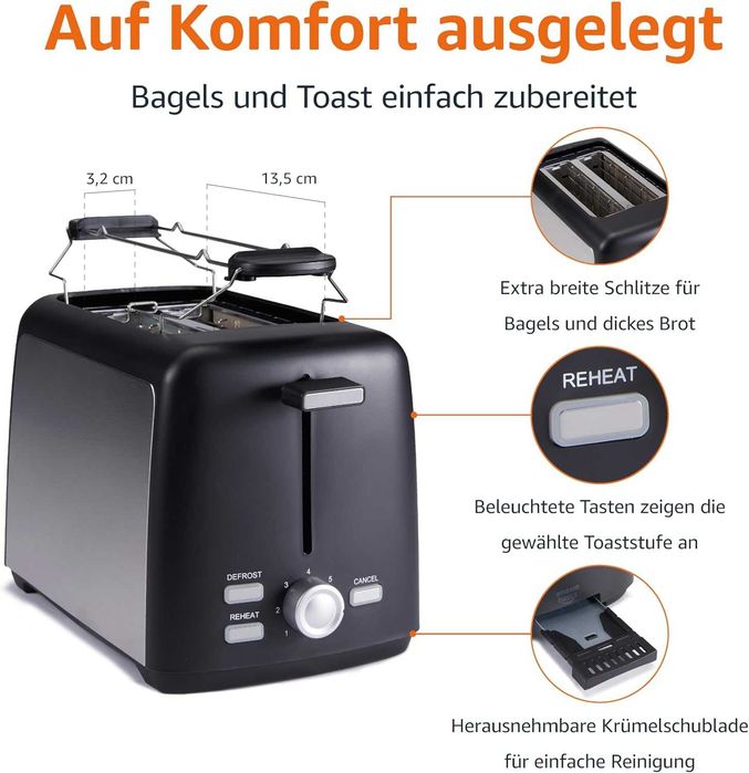 Тостер за 2 филии Amazon Basics със 7 нива на препичане 800 W