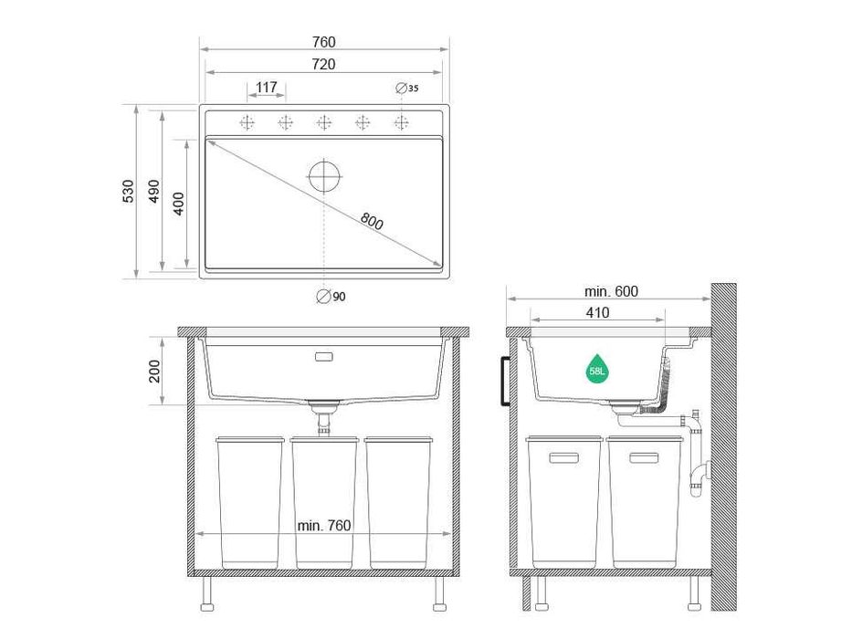 Бежова кухненска мивка за вграждане под плот Берген 80 Low 760x530 мм
