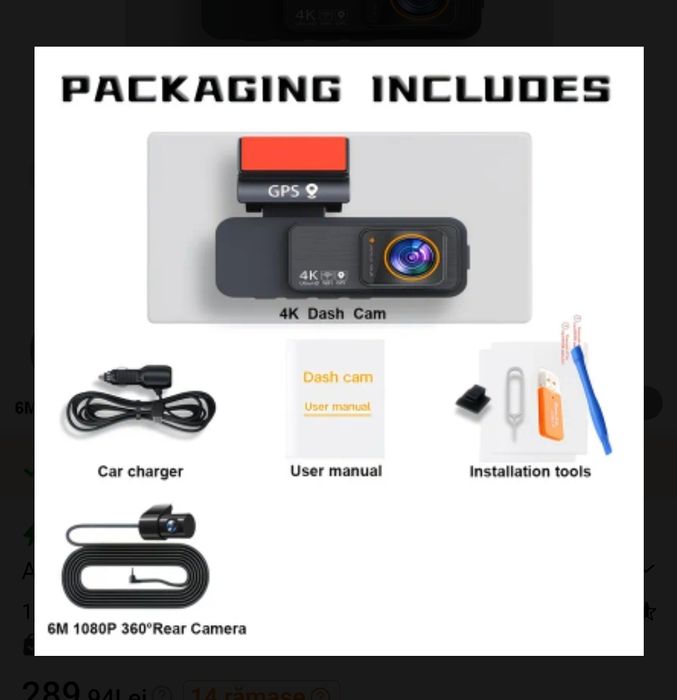 Cameră Auto 4K cu Cameră Spate 2.5K și GPS, Ecran de 3,2 Inch, Conexiune WiFi, Control în Timp Real prin Aplicație Înregistrare în Buclă