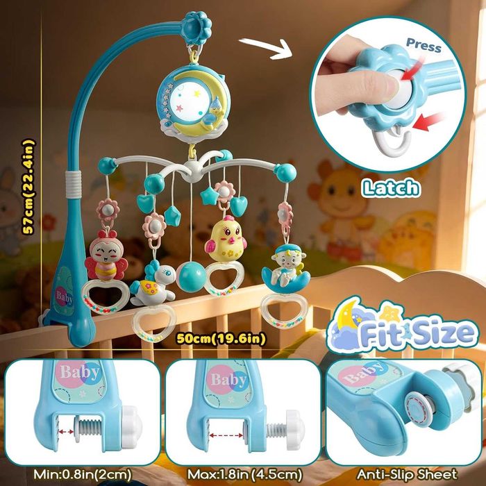 Бебешка музикална въртележка за кошара с прожектор,светлини и дистанц.